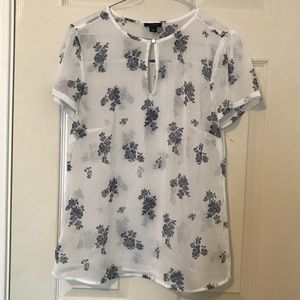 Ann Taylor White/Blue Floral Sheer Blouse